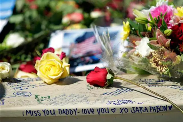 Photograph from last year: Mourners leave flowers, photos, and messages in memory of the victims of the 9/11 attacks
